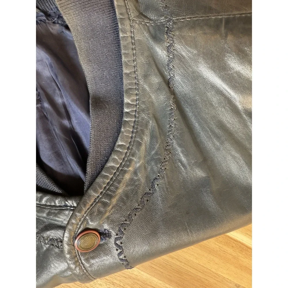 VTG Moreschi Italy LambSkin Navy‎ Bomber Jacket Men XL Embroidered Details Moto